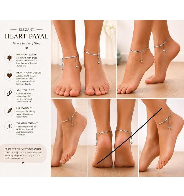 Heart Charm Anklet for Women, Silver Color, Adjustable Chain, Anti Tarnish