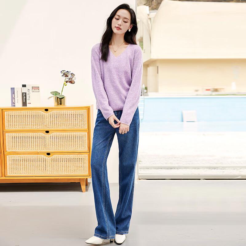 VICTORIA&VERA Women's 100% Wool Shimmer V-Neck Knit Sweater