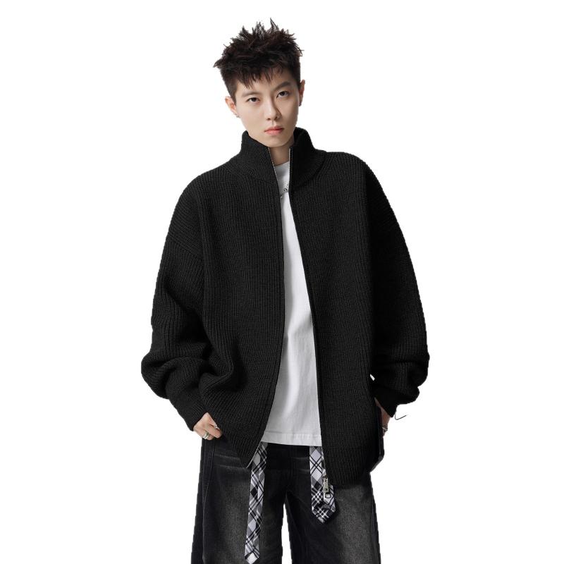 Men Stand Collar Double Zipper Solid Color Simple Versatile Sweater Autumn Winter Trendy High End Sense Knitted Coat