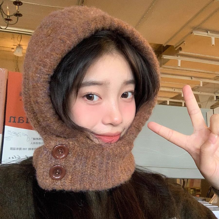 Women's Autumn Winter Cycling Large Head Circumference Wool Hat Warm Ear Protection Scarf Integrated Knitted Hat