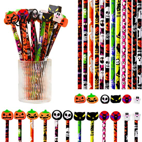 Halloween Party Favors Pencils 12 Pcs with 3D Skull Ghost Pumpkin Cat Erasers, Creative Graffiti Wood Bulk for Goodie Bags, School Classroom