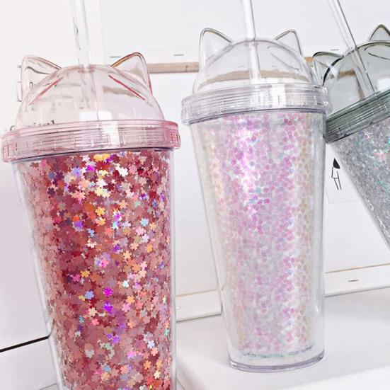 Tazza Acqua 420ml Accattivante Resistente al Calore PS Graziosa Tazza con Cannuccia per Bere Acqua con Paillettes per Casa
