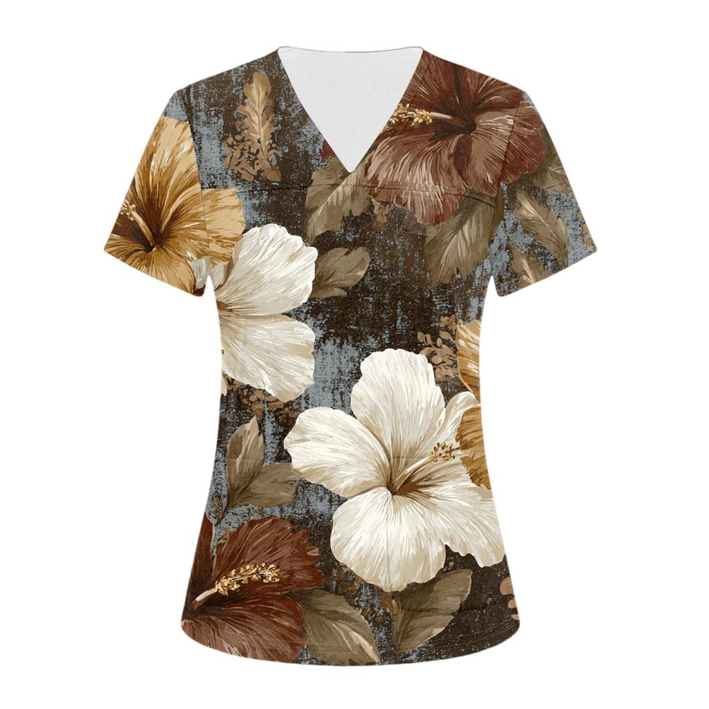 Damen V-Ausschnitt Drei-Taschen Kurzarm Retro-Print Uniform/Pflegekraft Oberteil Mit Schlitzen Am Saum