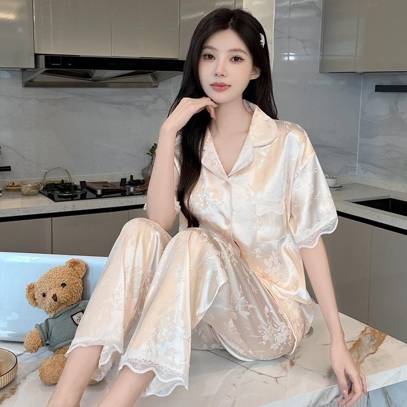 Fairy Wind Lace Ice Silk Pajamas Women'S Summer Short Sleeves Trousers High-End Floral Loungewear