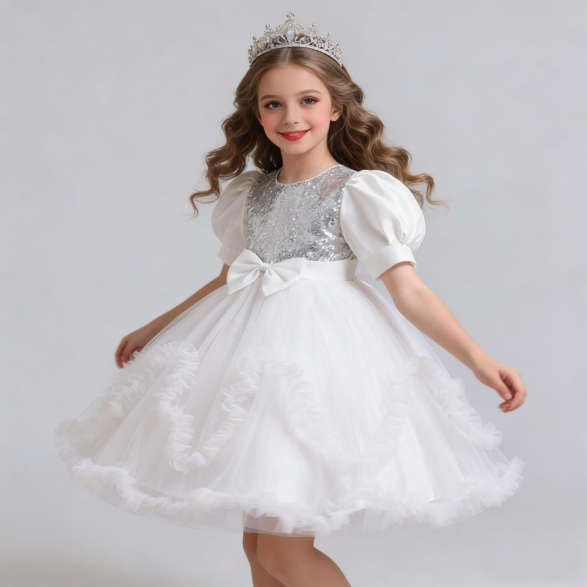 Girls  Sequin Bow Tulle Ball Gown – Fashionable Children s Puffed-Sleeve Evening Dress 100cm