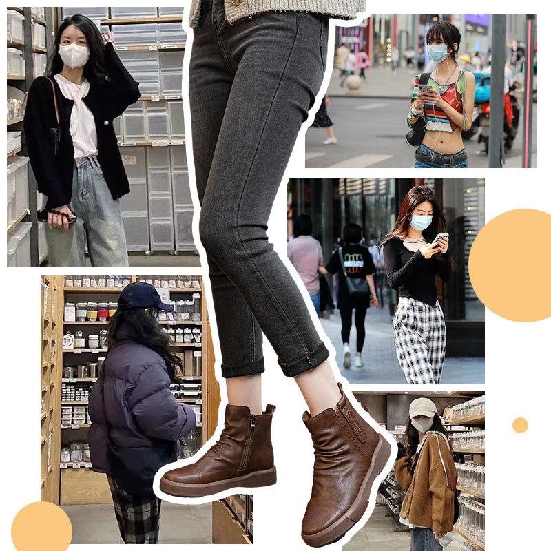 Retro Large Size Casual Short Boots Versatile British Leather Martin Boots Round Head Thick Heel Thick Sole Chelsea Boots