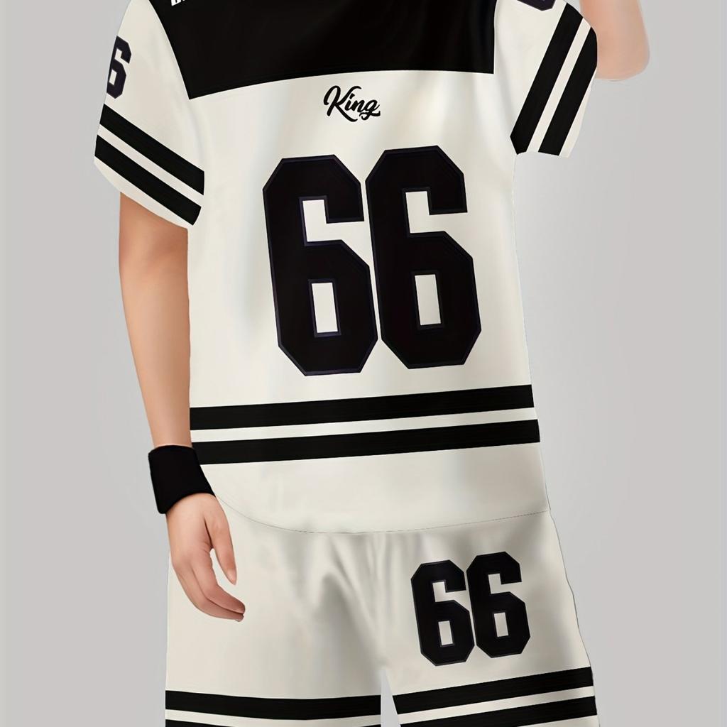 Boys' Set of Fashionable 3D Printed Casual Pullover, Short Sleeved Shorts, T Sports Shirt, Boys' Outdoor T-shirt Shorts Set