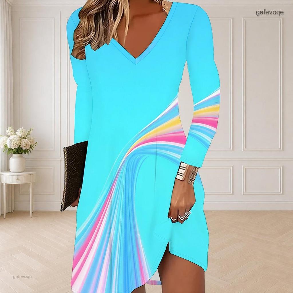Women Plus Size V Neck Long Sleeve Colorful Swirl Printed Curved Hem Dress