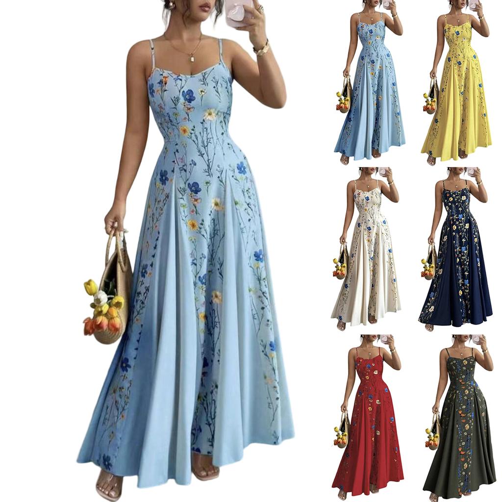Women's Sleeveless Spaghetti Strap Floral Print Maxi Dress Fitted Waist Casual Summer Long Dress for Daily Wear