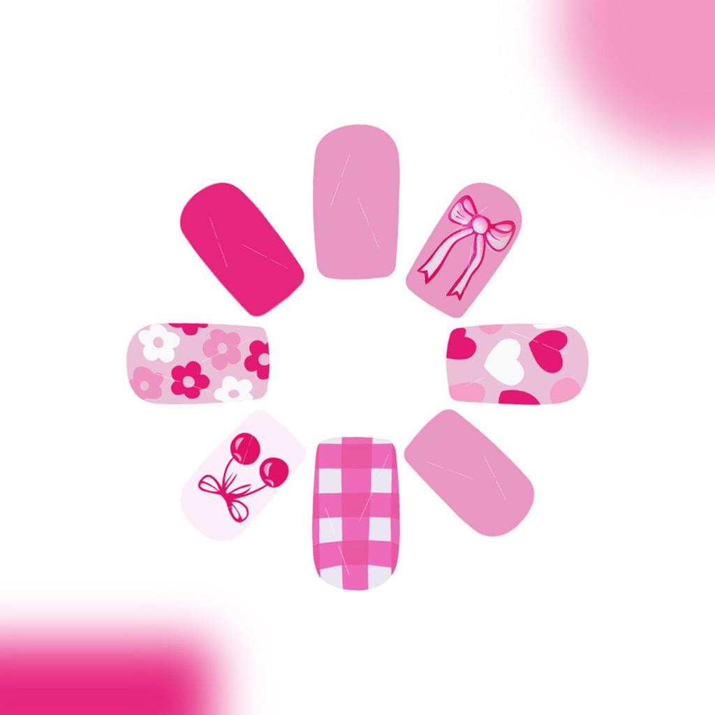 24 Pcs Lovely Flowers False Nail Sweet Heart Artificial Nail Glossy Full Cover Stick On Nail Medium Square Press On Nail