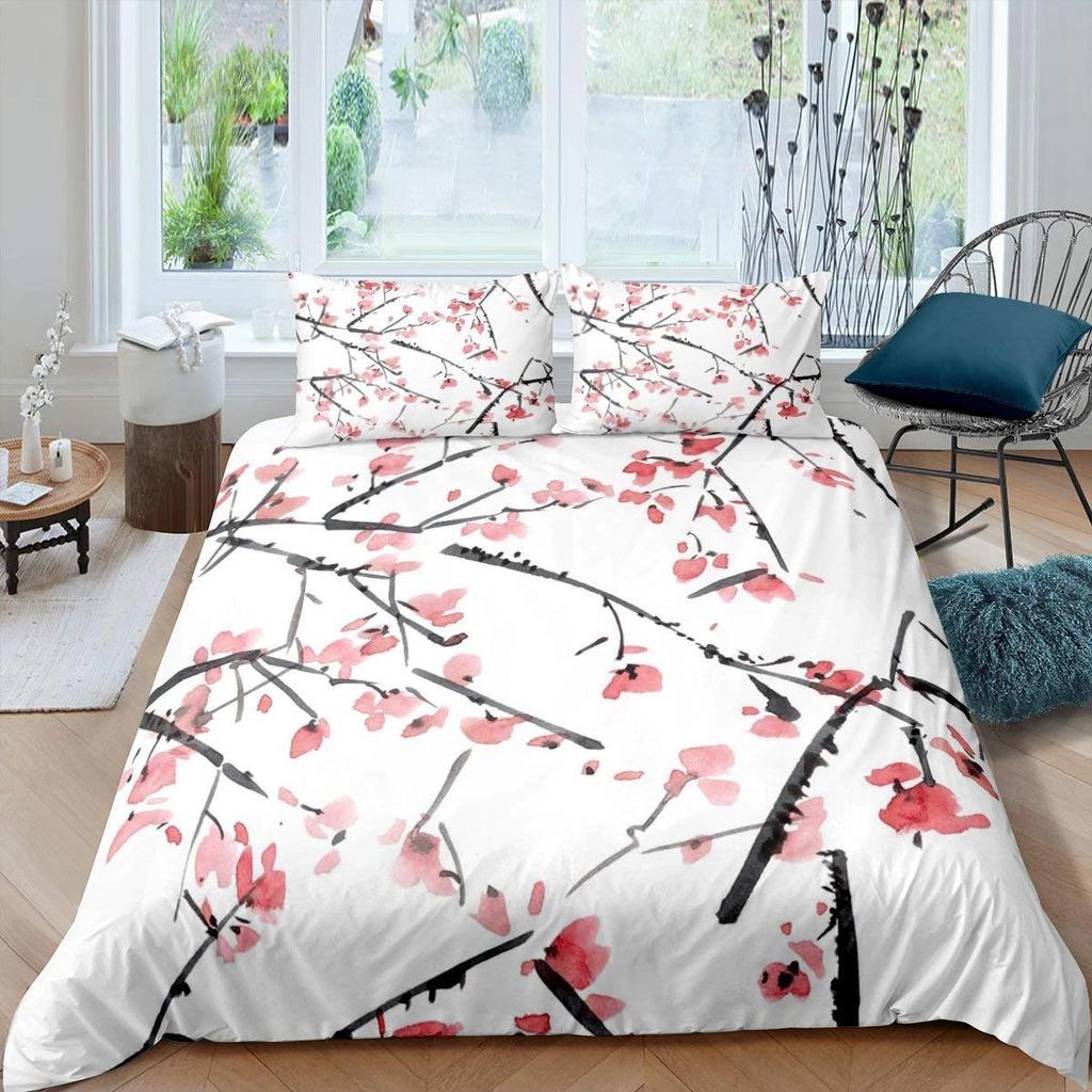 Plum Blossom Duvet Cover Set Red Flower Floral Comforter Cover For Girls Teens Microfiber Butterfly Branches Printed Bedding Set