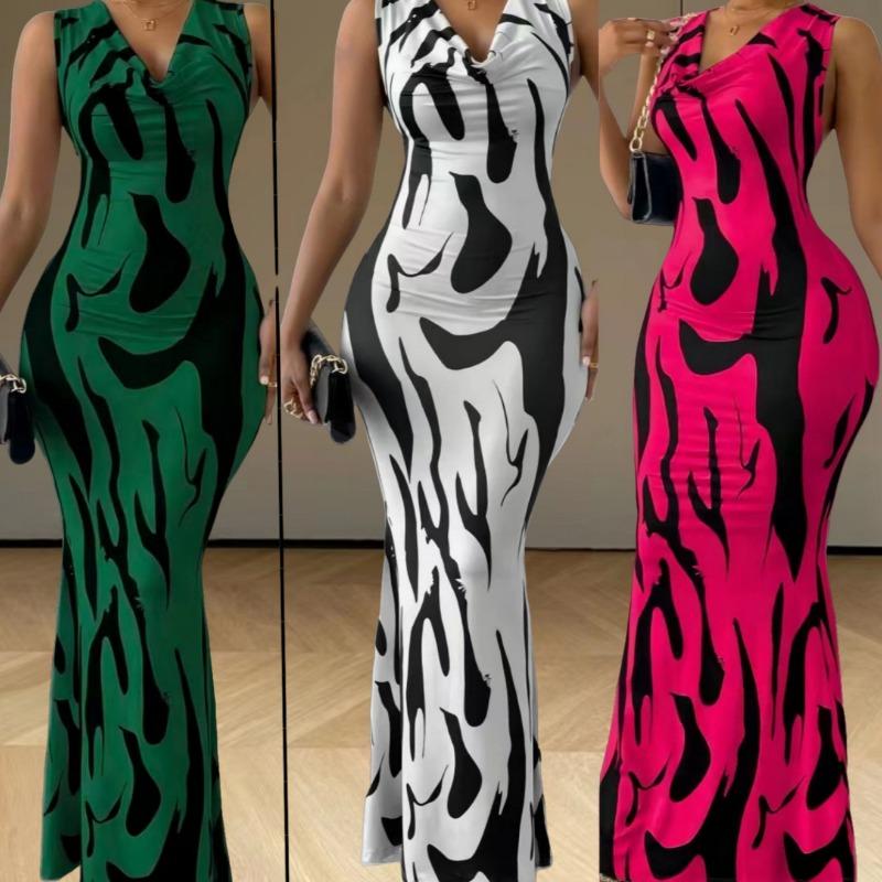 Fashion Elegant Pile Collar Maxi Long Dress New Sleeveless Printed Bodycon Party Dresses Plus Size Female Sexy Women's Clothing 3349
