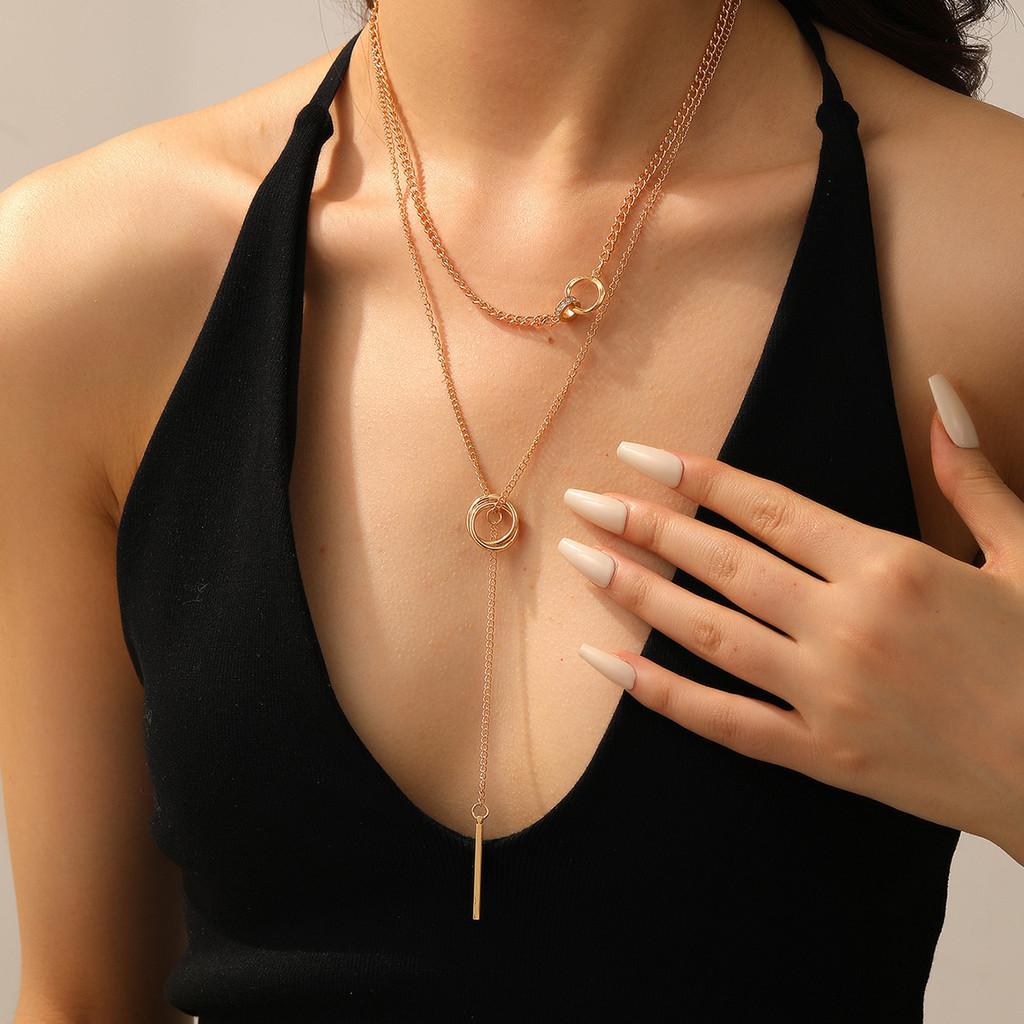 Geometric Long Chain Necklace With Double Circles For Women Summer Fashion Accessory