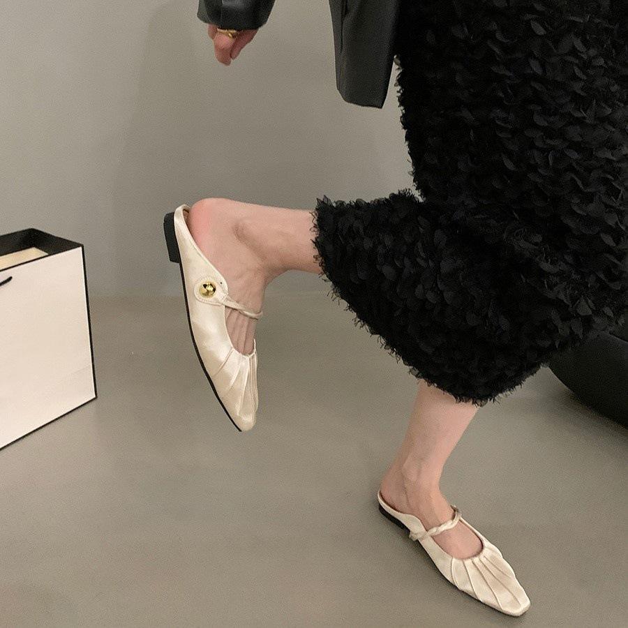 Flat-bottomed French Bag Head, Half Slippers, Fairy Shoes, Outer Wear 2025 New Summer Niche Silver Mary Jane Sandals