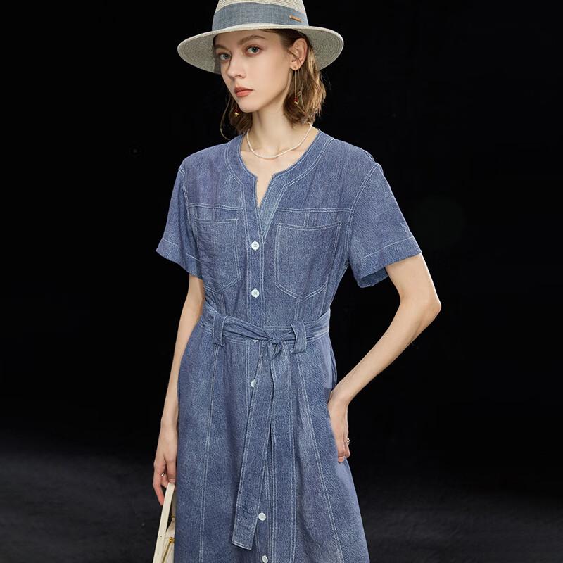 Heavyweight Mulberry Silk Denim V-Neck Drop-Shoulder Long Dress with Belt