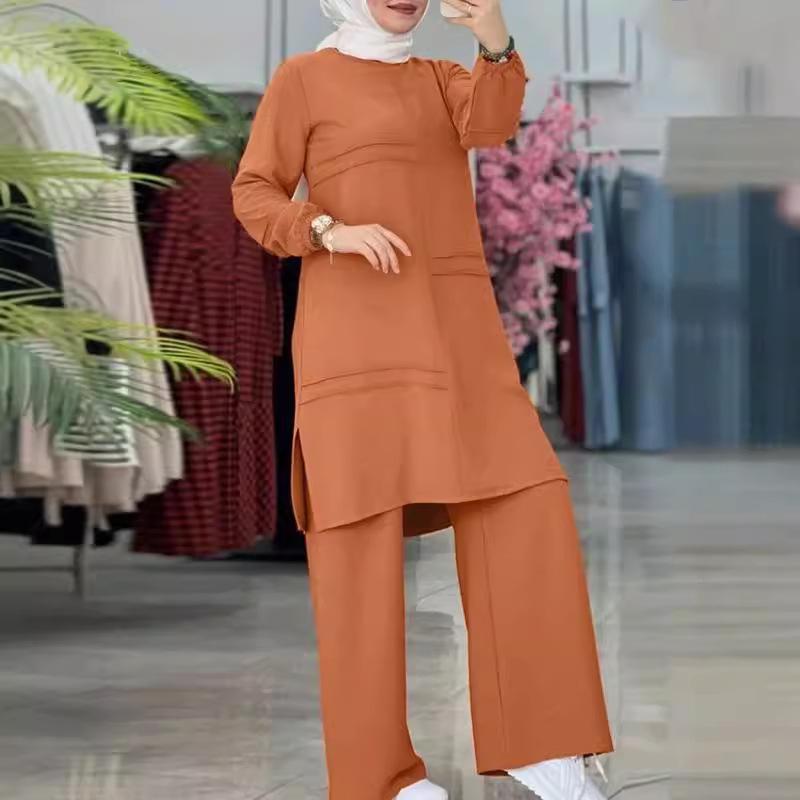 2024 Elegant Solid Color Muslim Women's Two-Piece Tracksuit with Double Stripe – Long Sleeve Shirt & Wide Leg Pants Set