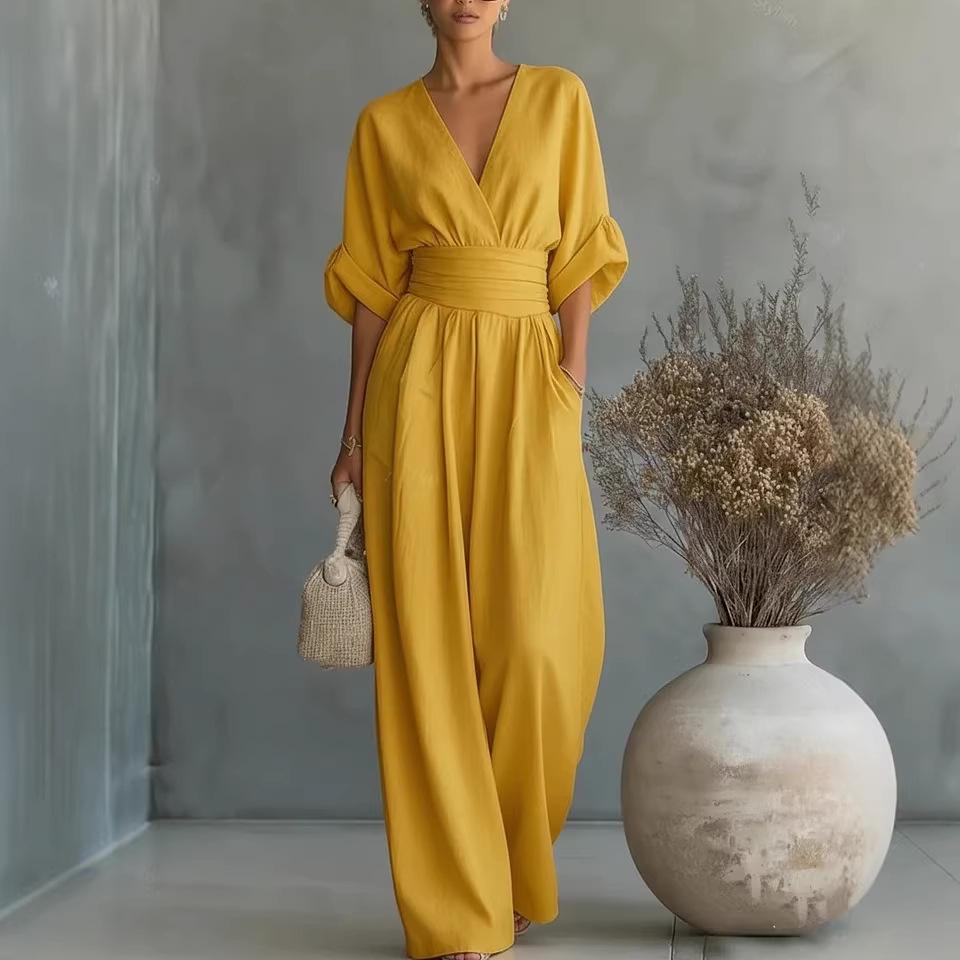 2026 European & American Spring/Summer Elegant Waist-Cinching V-Neck Women's Jumpsuit