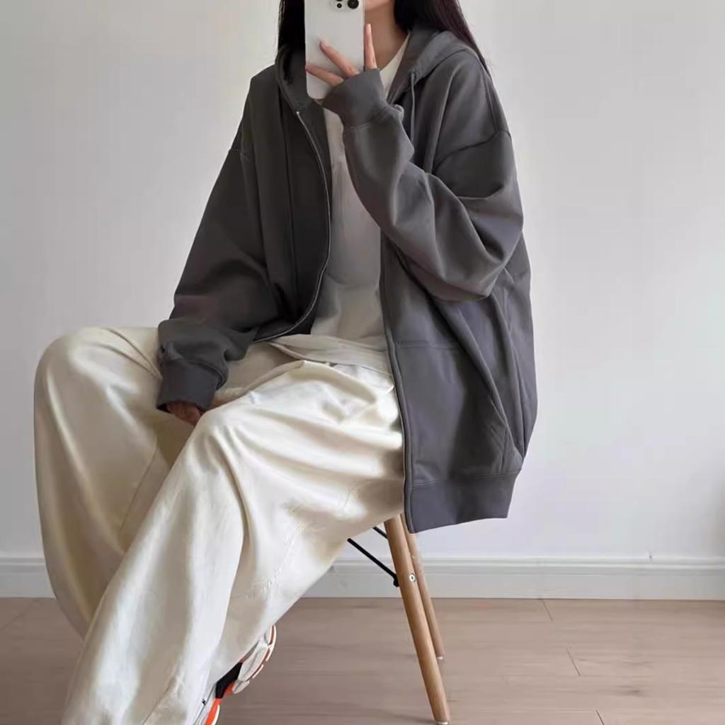 Lazy wind premium graue Strickjacke Damen lässig sportlich mit Kapuze Reißverschluss Top Cardigan vielseitig