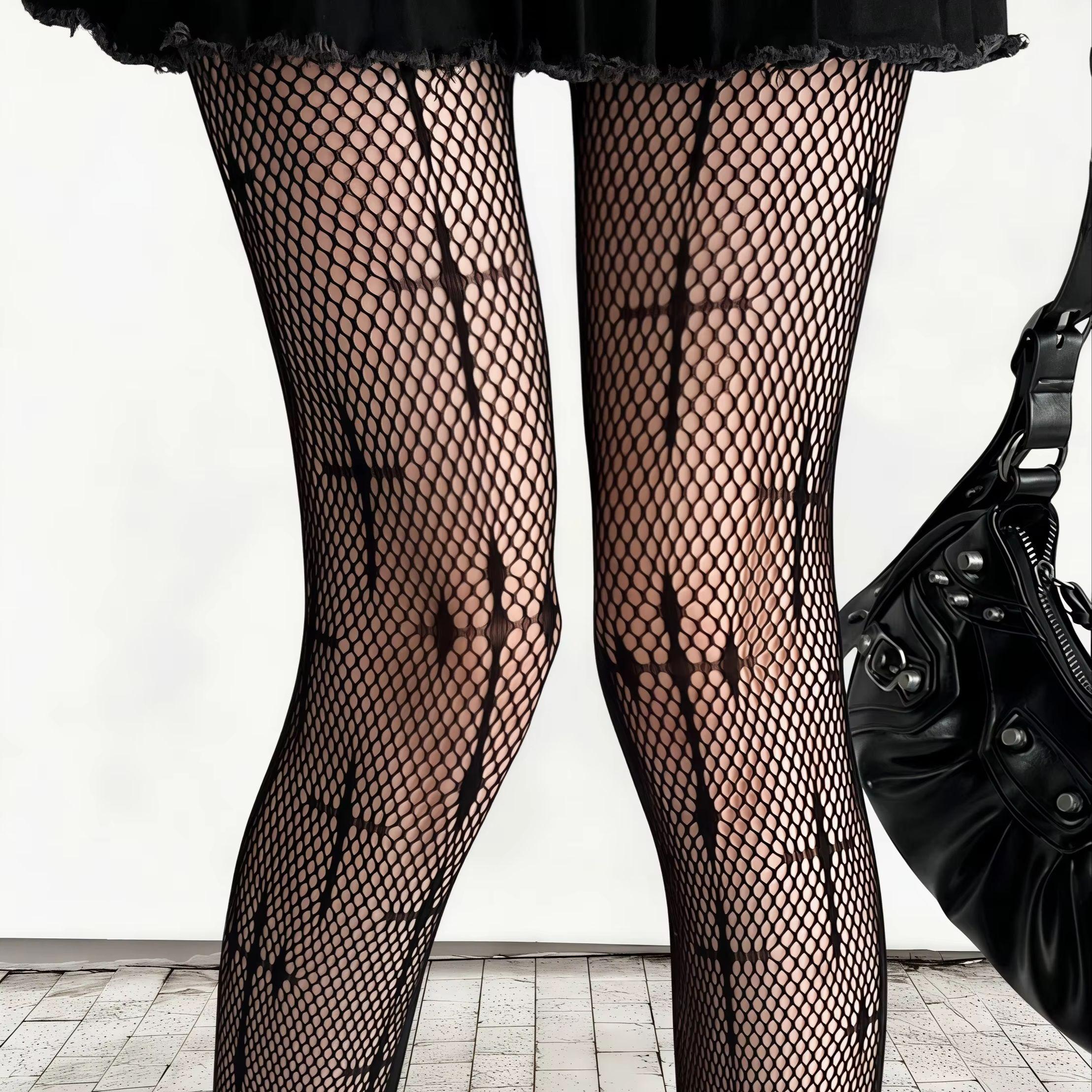 Damen Fischernetz-Strumpfhose mit Kreuzmuster Dunkler Gothic-Stil Hohe Elastizität Atmungsaktive Strumpfhose Für Party Streetwear 2XL gray