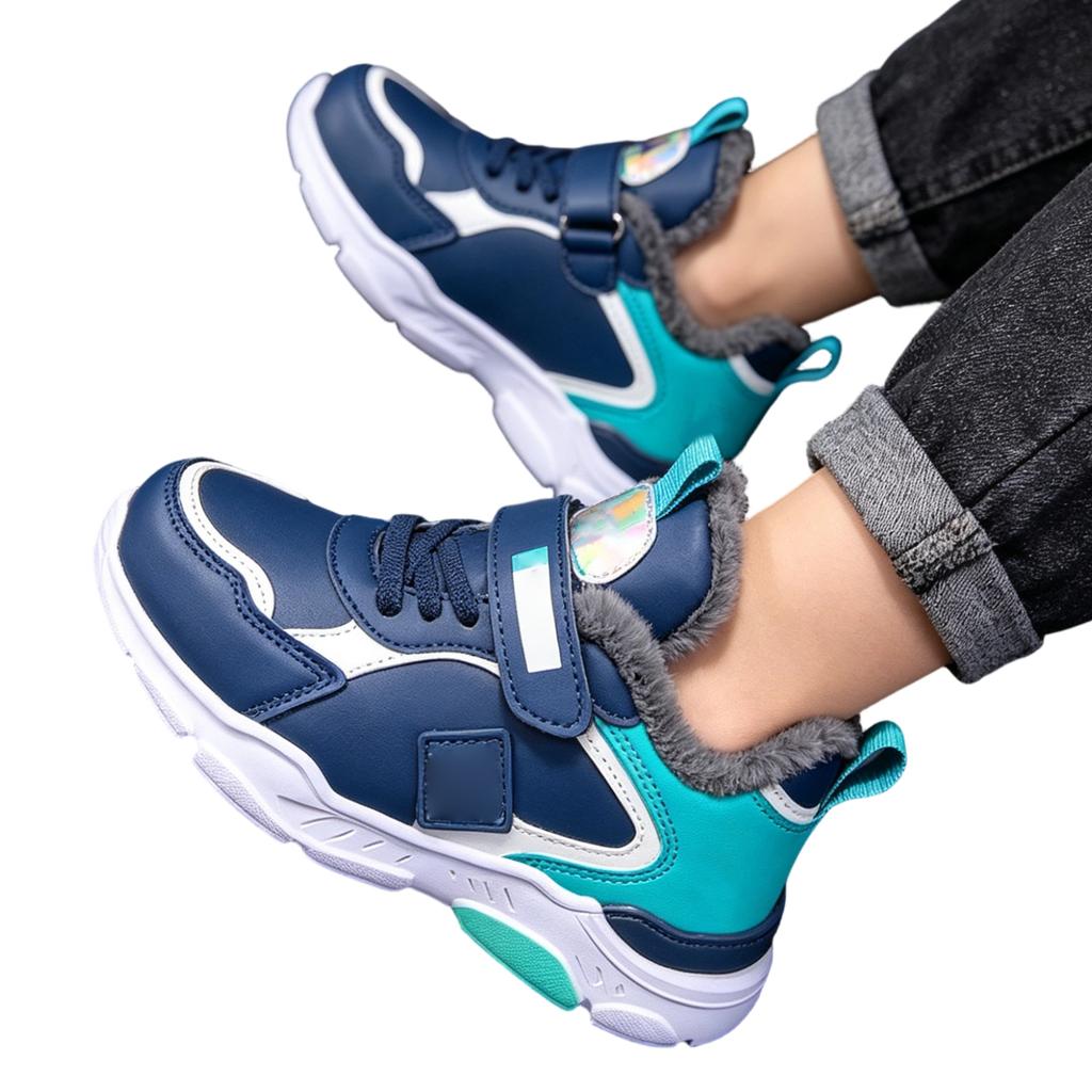 Children's Faux Leather Running Shoes with Plush Lining Durable Sole Lightweight Design Adjustable Strap for Active Kids Outdoor Use