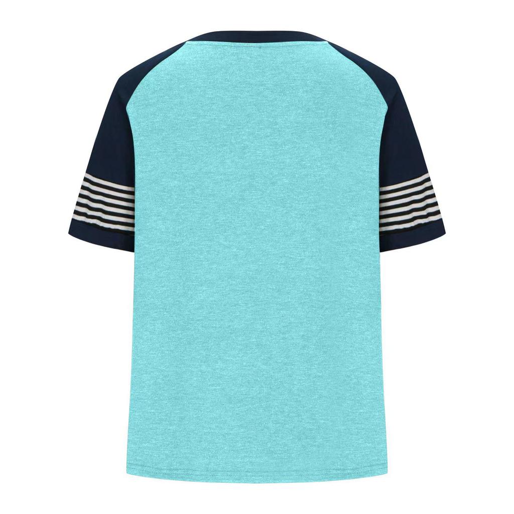 2024 Euro-America V-Neck Color Block Short Sleeve Loose Top