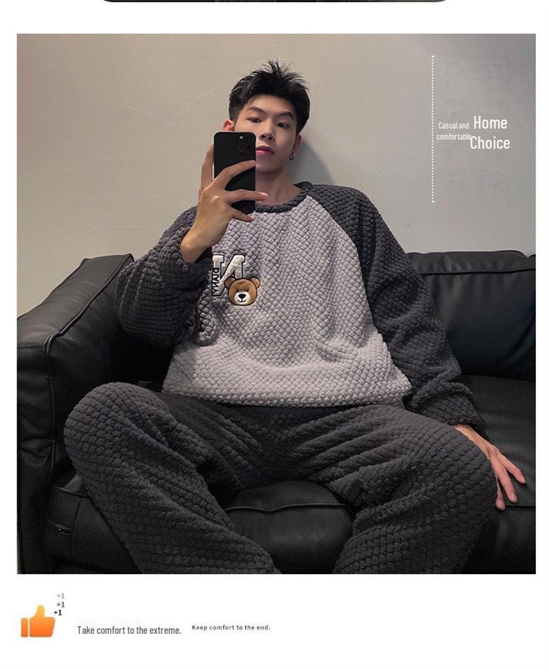 Pánská pyžamová souprava s dlouhým rukávem z korálového fleecu - Hřejivá, silná, žakárový design, vhodná pro domácí nebo venkovní nošení na podzim a v zimě.