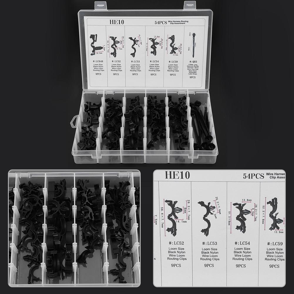 54pcs Assorted Car Body Wiring Harness Fastener Wire Routing Clip Convoluted Conduit Clip