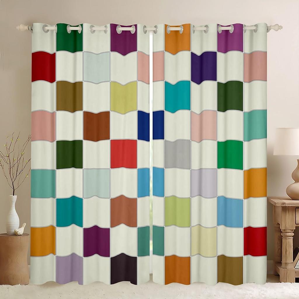 Checkered Curtain Colorful Checkerboard Grid Curtains Drapes Funky Gingham Buffalo Plaid Window Bedroom With Room Darkening Polyester Perfect For