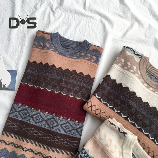Women Autumn Winter Loose Fit Sweater O Neck Long Sleeve Pullover Tops Striped Print Knitting Jumpers Casual Knitwear