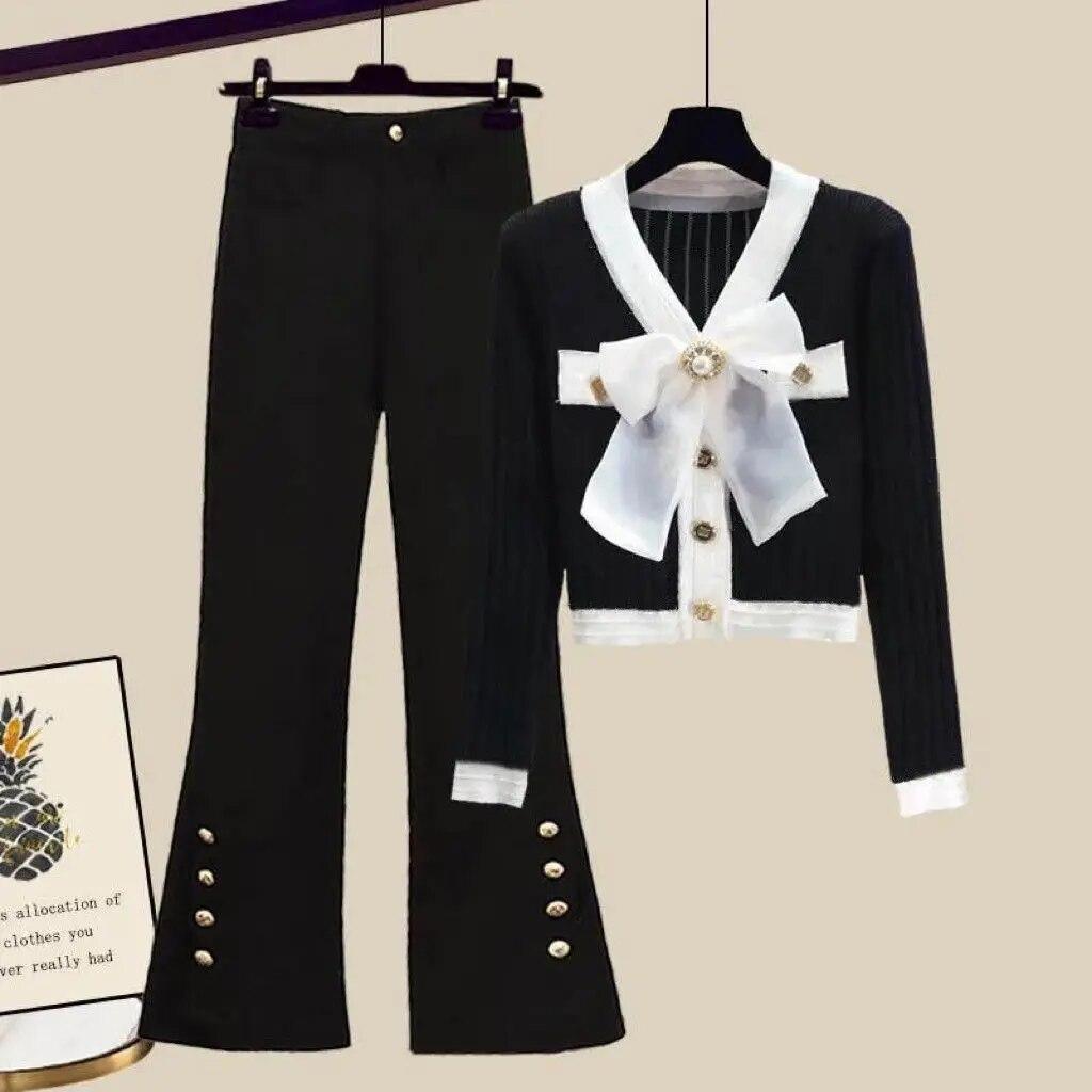Autumn Korean Style Knitted Sweater Cardigan Button Decoration Wide Leg Pants Two Piece Elegant Women's Pants Set