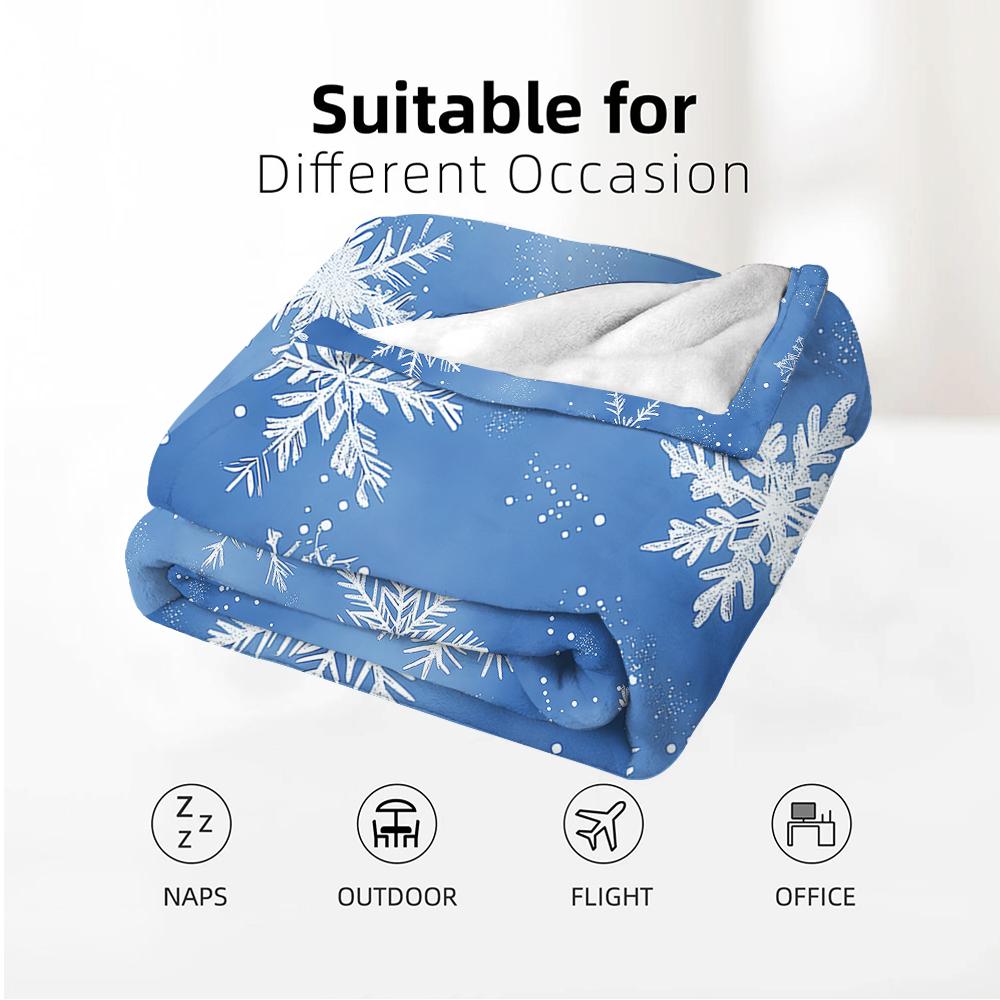 Soft Blue Snow Motif Cartoon Anime Print Flannel Blanket Soft Warm Throw for Kids Bedroom Sofa Christmas Office Car
