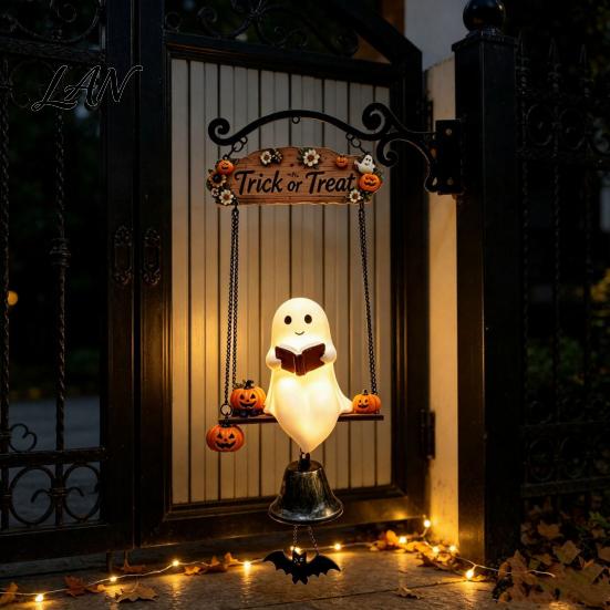 Decorative Metal Bell Ornament Halloween Swing Ghost Doorbell, with Pumpkins Decor, Gothic Style Trick Festive Front Door Hanger or Treat Sign,