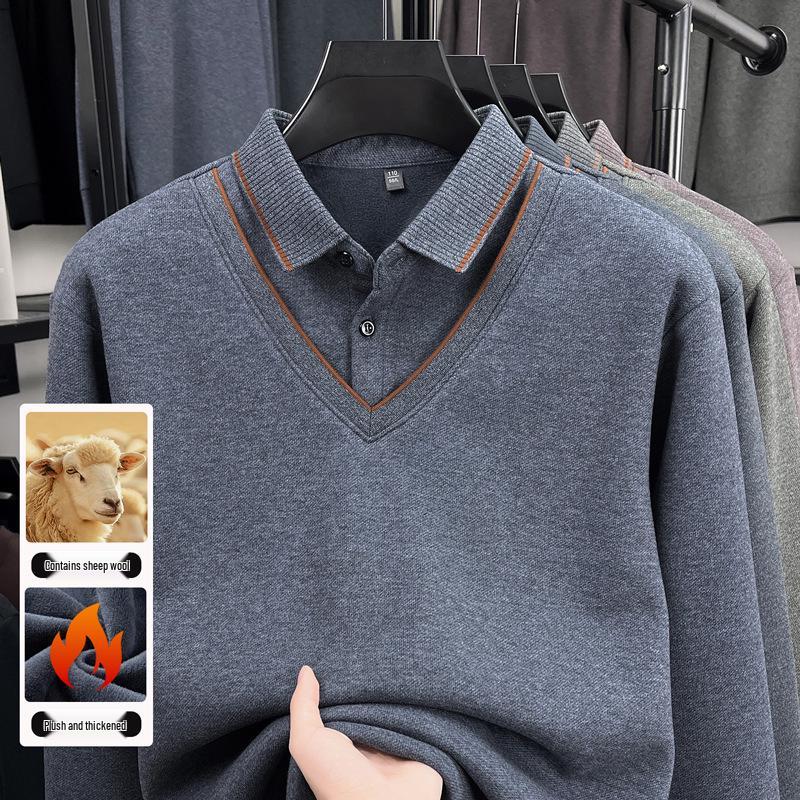 Herren Herbst/Winter Verdickter Samt Wolle Revers Zweiteiliger Lagenpullover für Mittleres und Älteres Alter