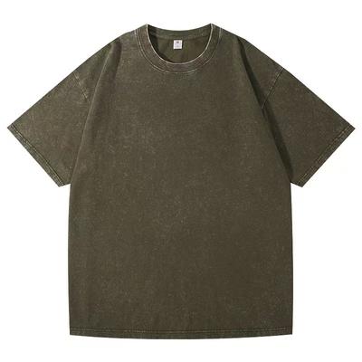 Men's Oversized Pickled Loose Version Retro Solid Color Pure Cotton Washed T-shirt Short Sleeve Street Casual Top Trendy Brand