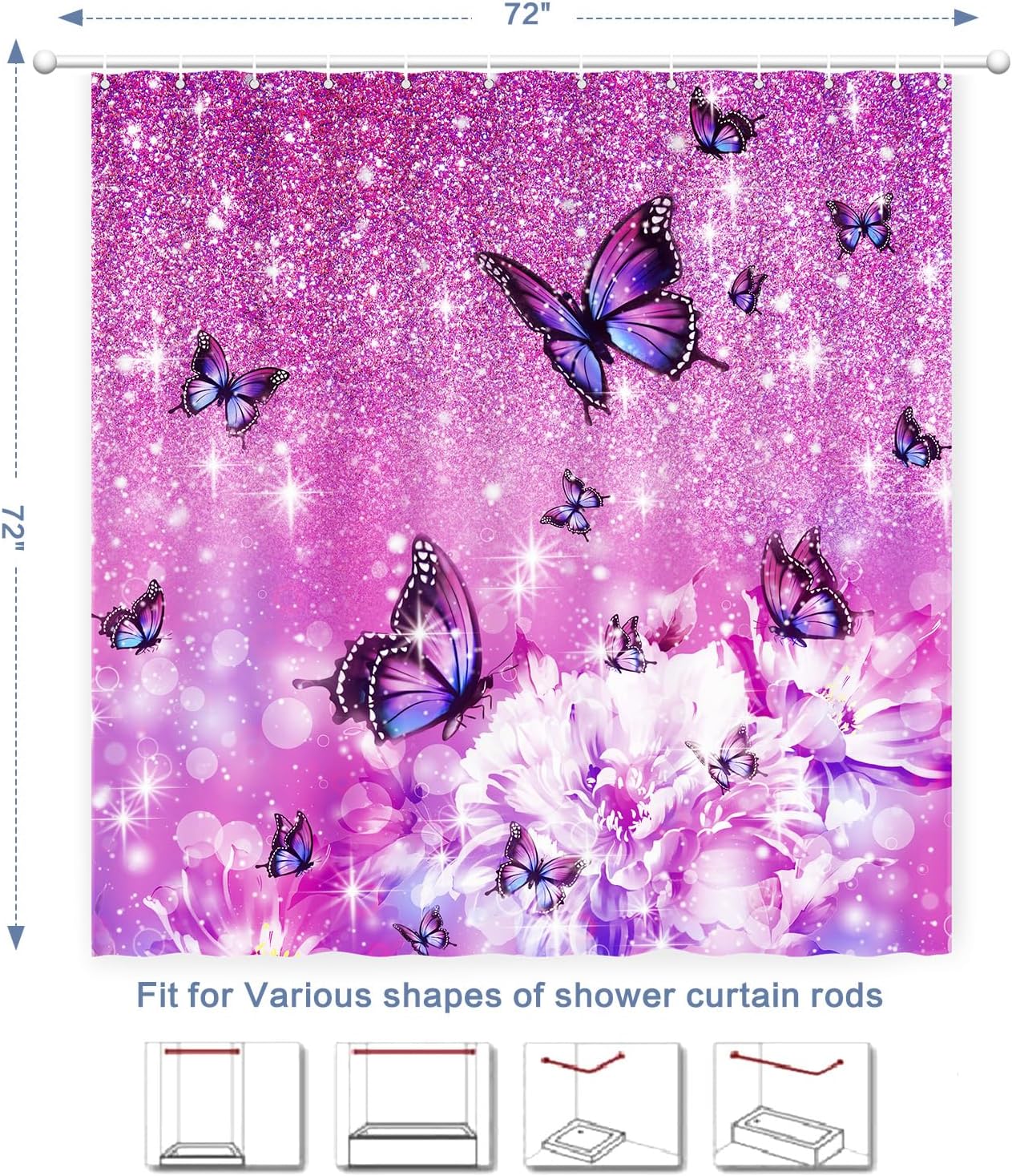 Modern Shower Curtain, Flower Butterfly Shower Curtain Purple Shower Curtain Sets Waterproof Polyester Fabric Machine Washable H W60H190(CM)-1 Pcs