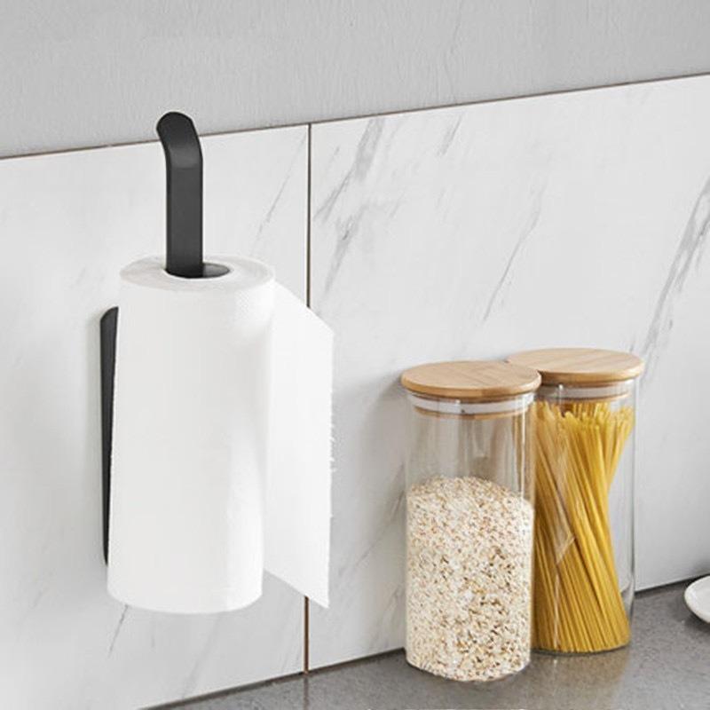 Self-Adhesive Space-Saving Kitchen & Bathroom Tissue Holder Wall-Mounted, No-Drill Plastic Towel Rack Dual-Purpose for Paper Rolls & Hand Towels