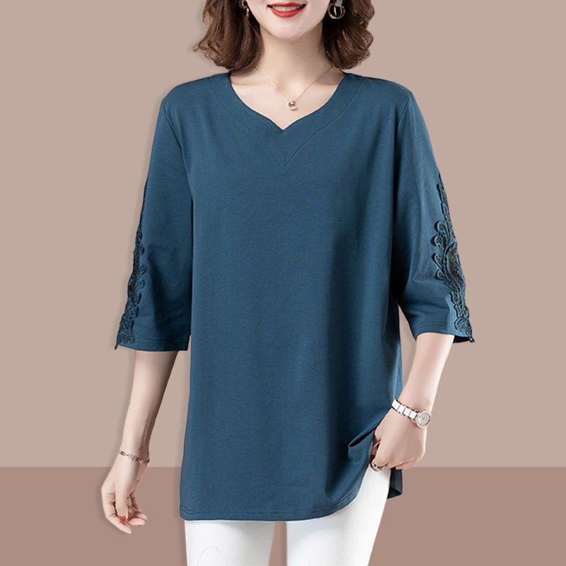 Summer Women's Plus Size T-Shirt Loose Three-Quarter Sleeve VT Shirt Solid Color Top