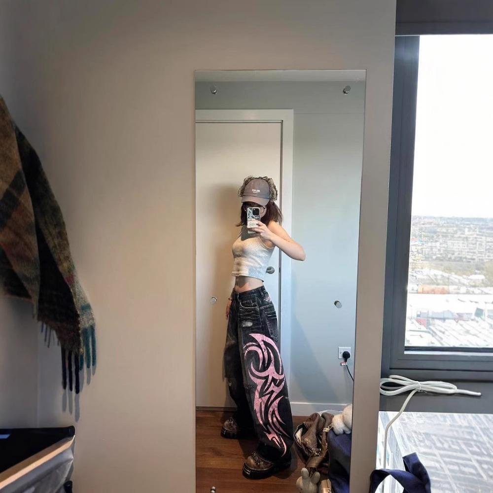 Brand de Modă Transfrontalier Jaded London Blugi Spălați cu Imprimeu Model Retro American Pantaloni cu Picior Larg pentru Fete Sexy