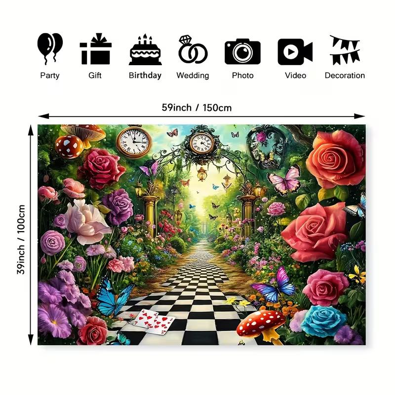2D Magic Wonderland Backdrop Black White Checkered Path Party Photo Banner