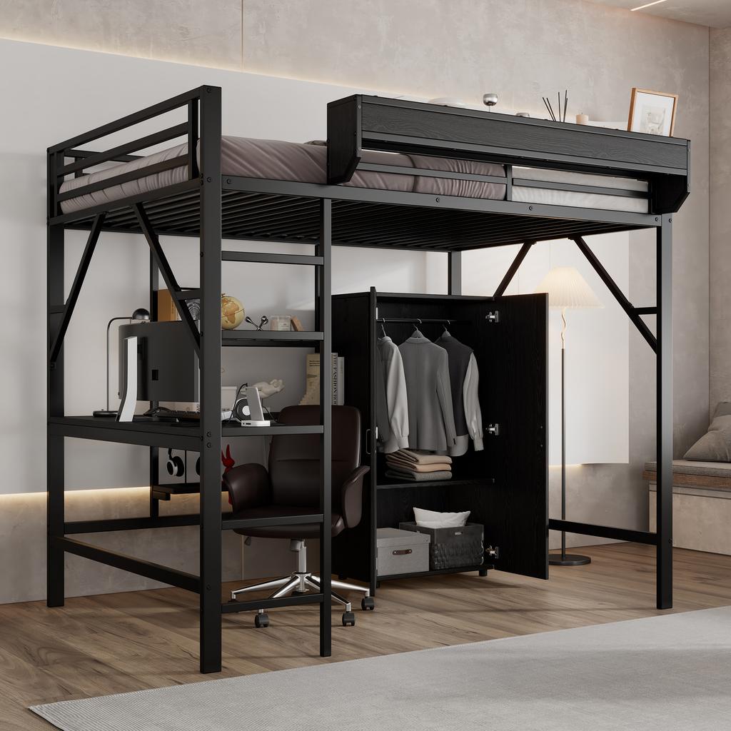Letto in Ferro, Letto a Soppalco, Doppio Strato di Stoccaggio Sotto la Scrivania, Letto Superiore con Stoccaggio, Con Armadio, Ferro + MDF, Nero, 140x200cm