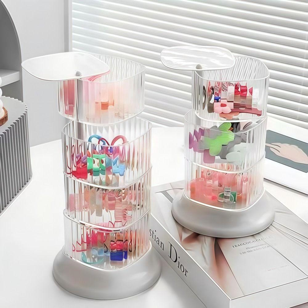 4-Layer Hair Accessory Organizer Transparent Rotating Powder Puff Box Dust-proof Cosmetic Storage Rack Girls' Jewelry Storage