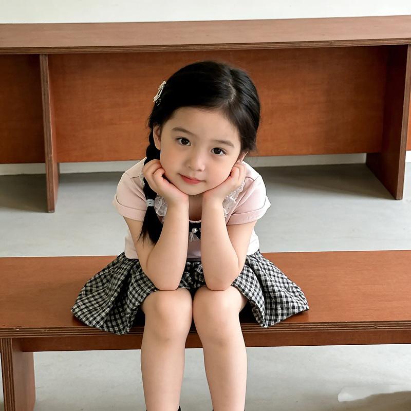 Korean Style Summer 2025 Lace Trim T-shirt & Bloomers Set for Toddlers