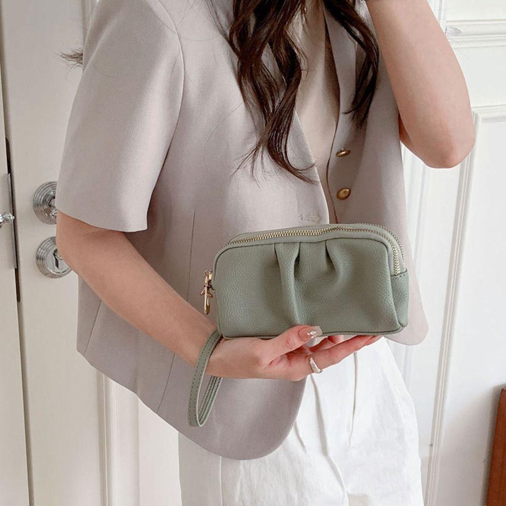 Portable PU Leather Women Long Wallet Double layer Large Capacity Shopping Wrist Bag Zipper Solid Color Handbag