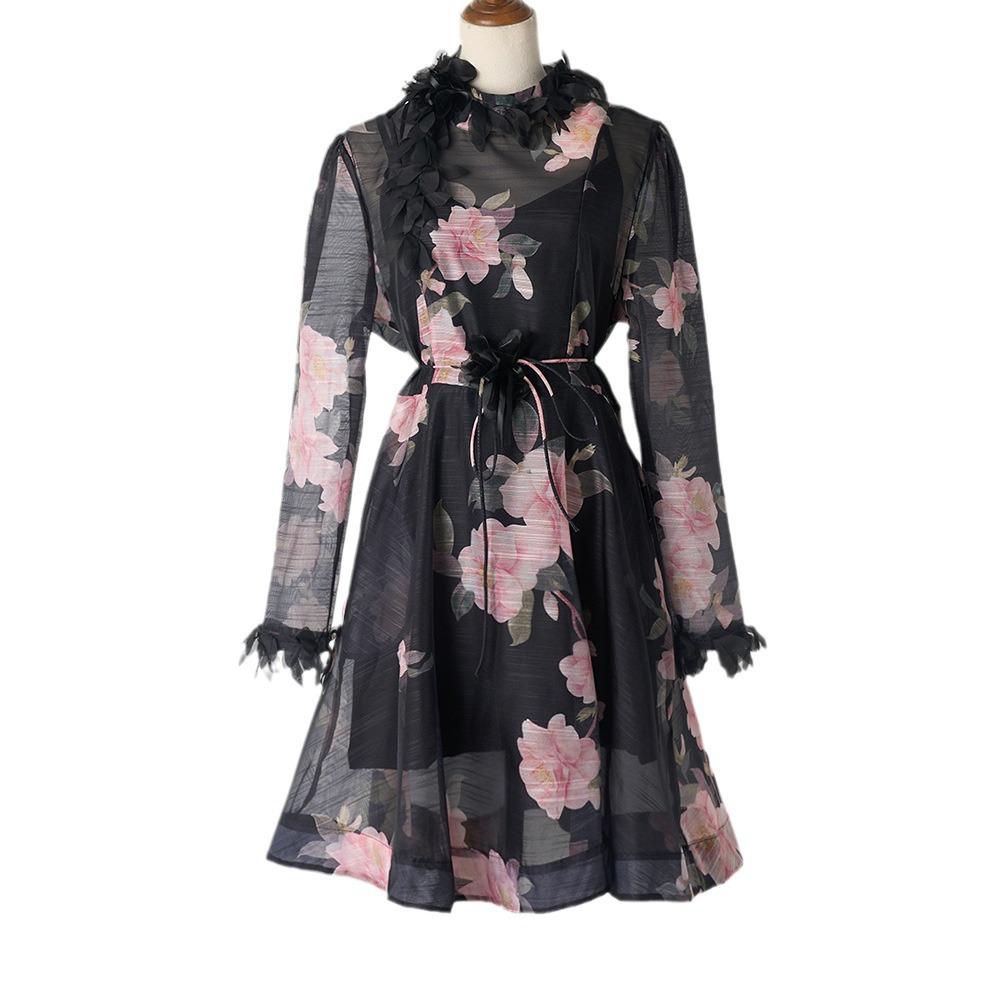 

Короткое платье с длинным рукавом и австралийским цветочным принтом из черного кружева для женщин XXL