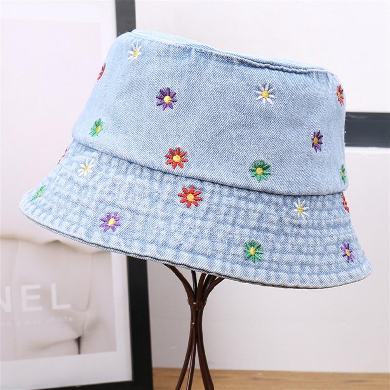 Stylish Jeans Flower Pattern Bucket Hat Extended Edge Shade Guard Unisex Warm Season Shore Hat for Various Occasion
