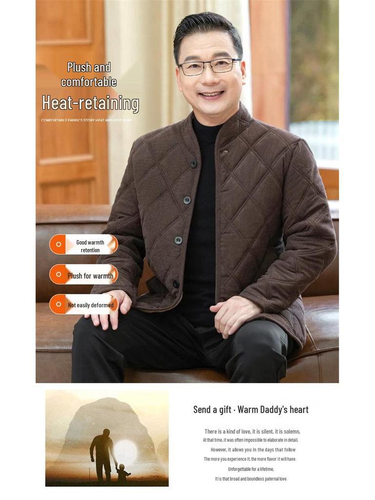 Men's Winter Cotton-Padded Jacket for Seniors - Thick Velvet Lining, Warm Outerwear for Dad or Grandpa