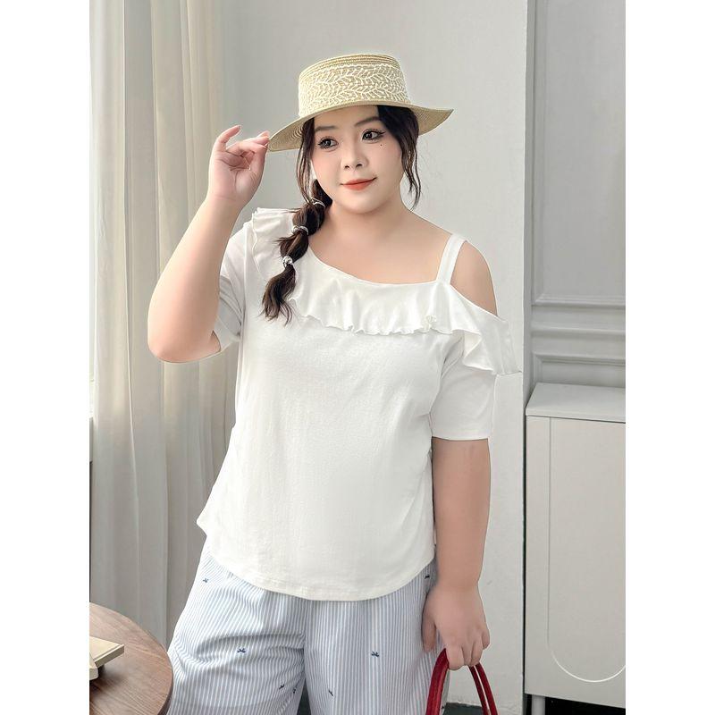 Plus size women clothing [Frill off-the-Shoulder T] Chubby Girl Design Sense Short sleeve T-shirt Summer All-Match Belly Covering Slimming Top