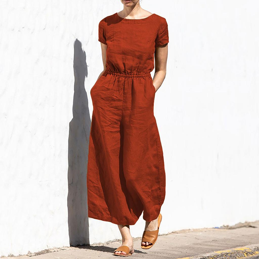 Women's Fashion Loose Casual Solid Color Linen Short Sleeve Temperament Wide-leg Long