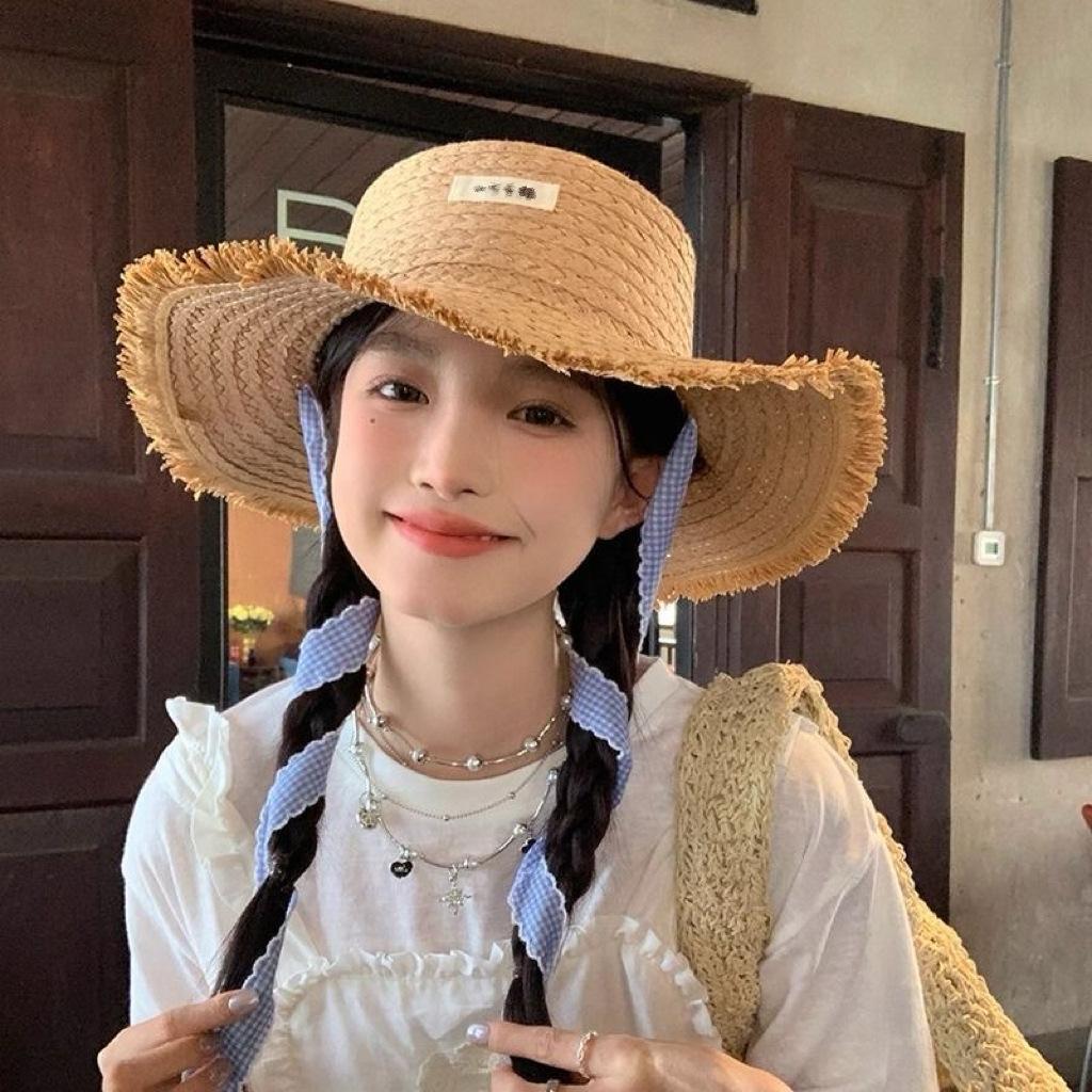 Lace straw hat women's summer bow large brim sunshade sun hat seaside vacation beach sun hat