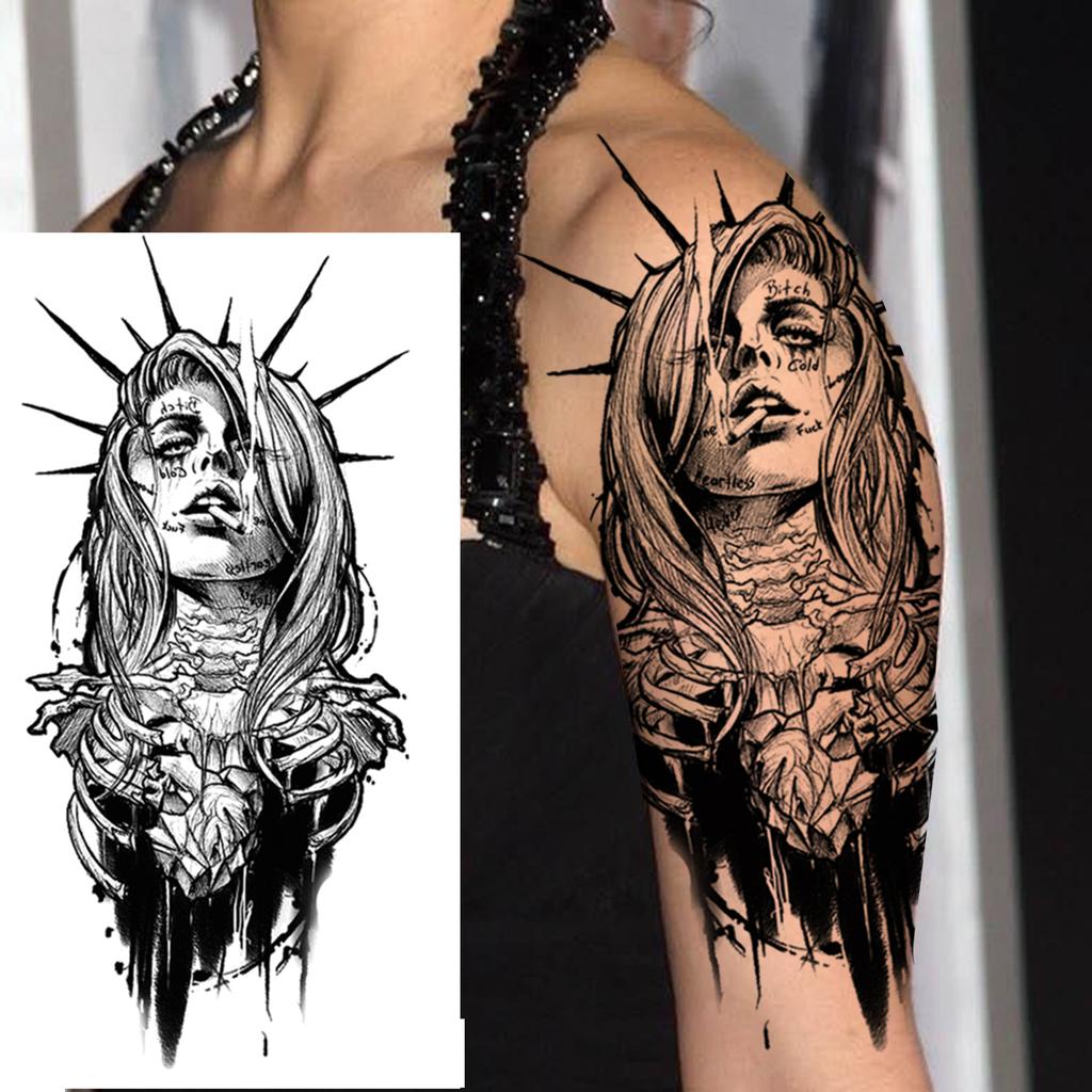 1 Sheet Death Skull Fake Folwer Skeleton Temporary Tattoos For Women Men Adults Evil Devil Tattoo Sticker Rose Peony Flora Leaf